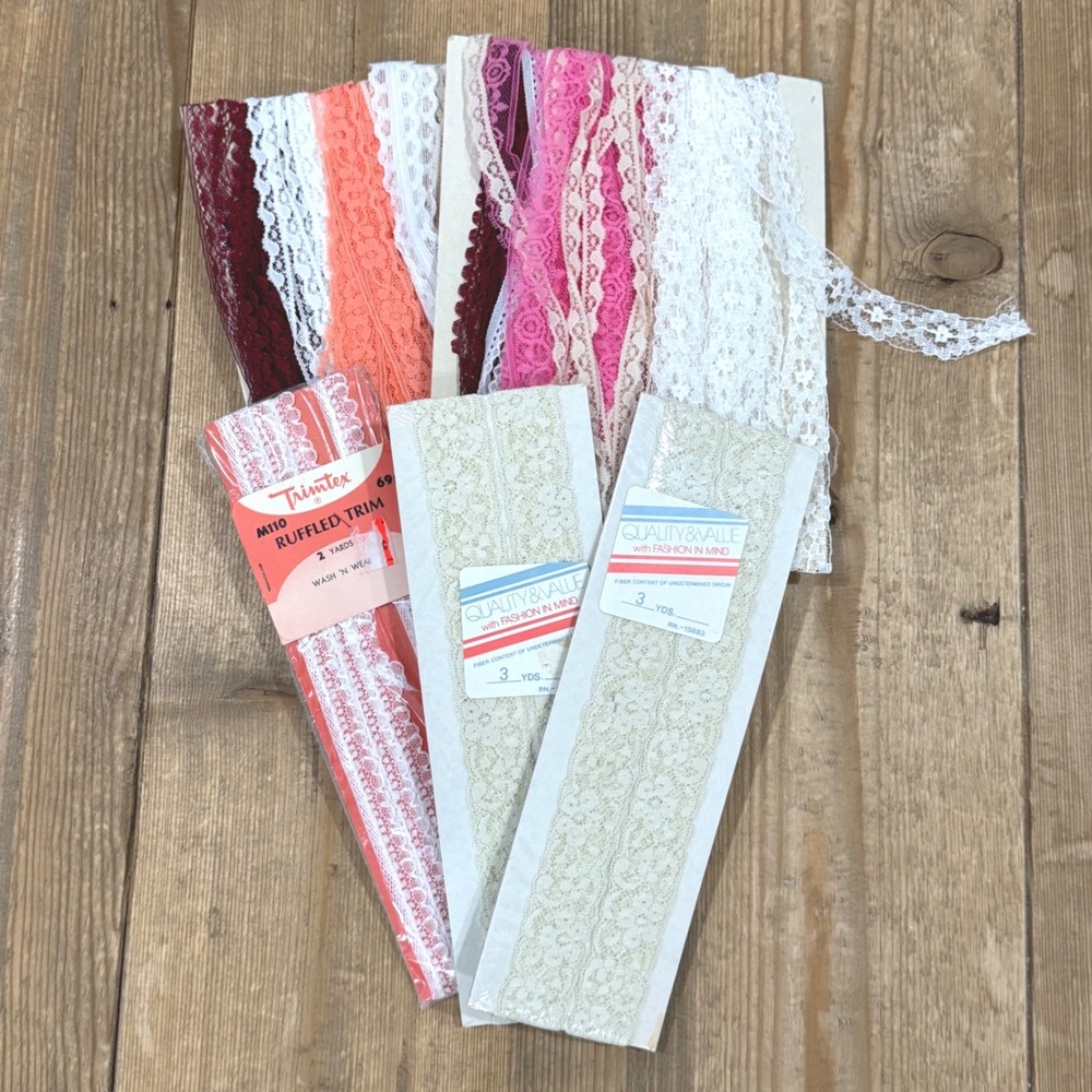 Vintage Lace Trim Lot Trimtex Quality & Value Ruffled Flat White Pink Burgundy